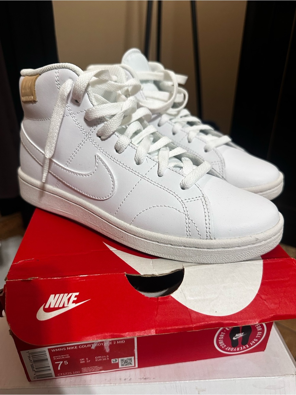 Nike White Mid-Top Leather Sneakers with Gold Heel Tab
